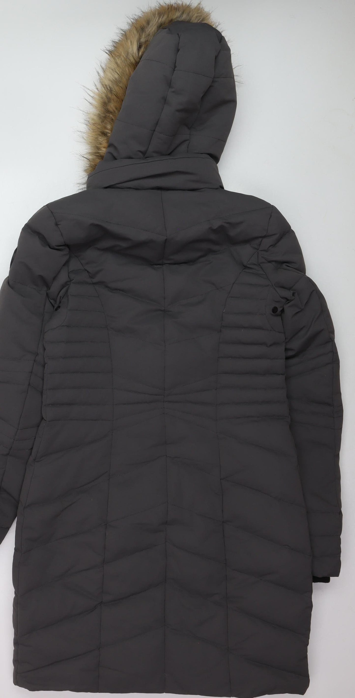 Point Zero Women's Grey XS Long Puffer Coat with Faux Fur Hood
