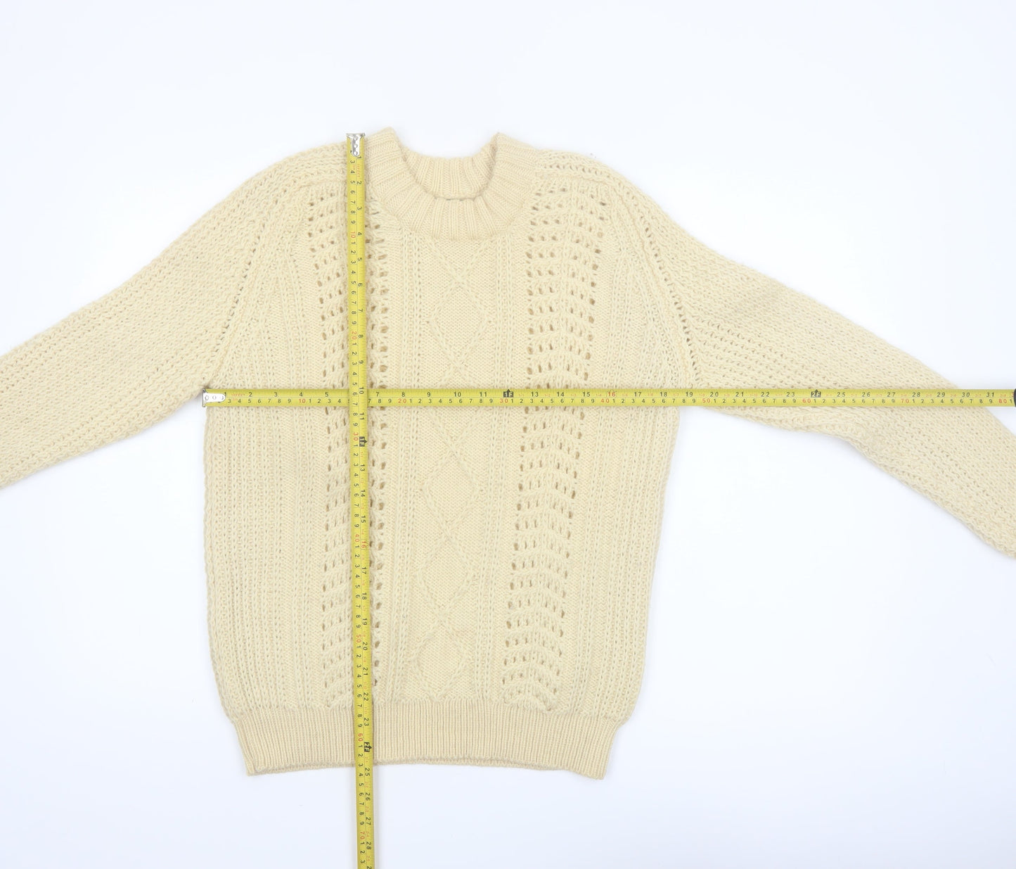 Eddie Bauer Men’s Beige Wool Cable-Knit Jumper L Vintage Winter Pullover