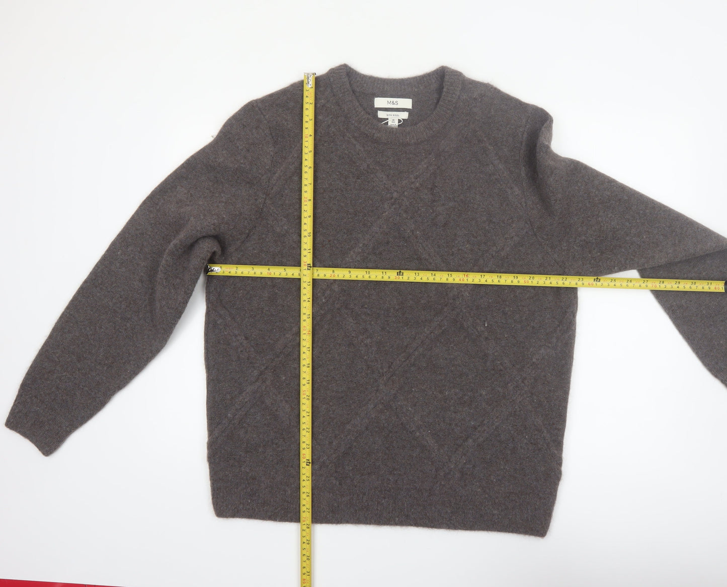 Marks and Spencer Men's Brown Wool Blend Crew Neck Diamond Knit Jumper XL