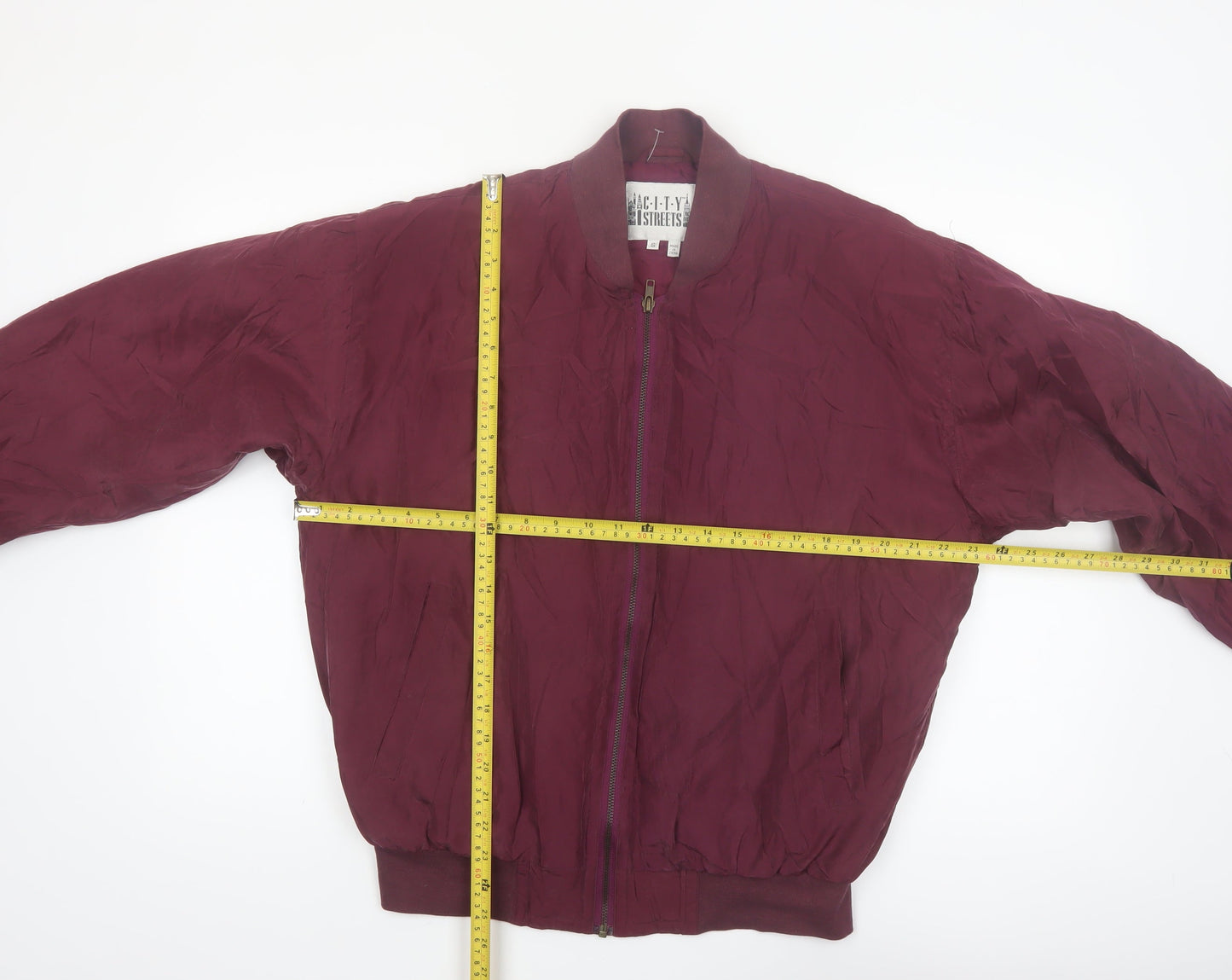 City Streets Men's Red Silk Bomber Jacket Size S Full Zip Casual