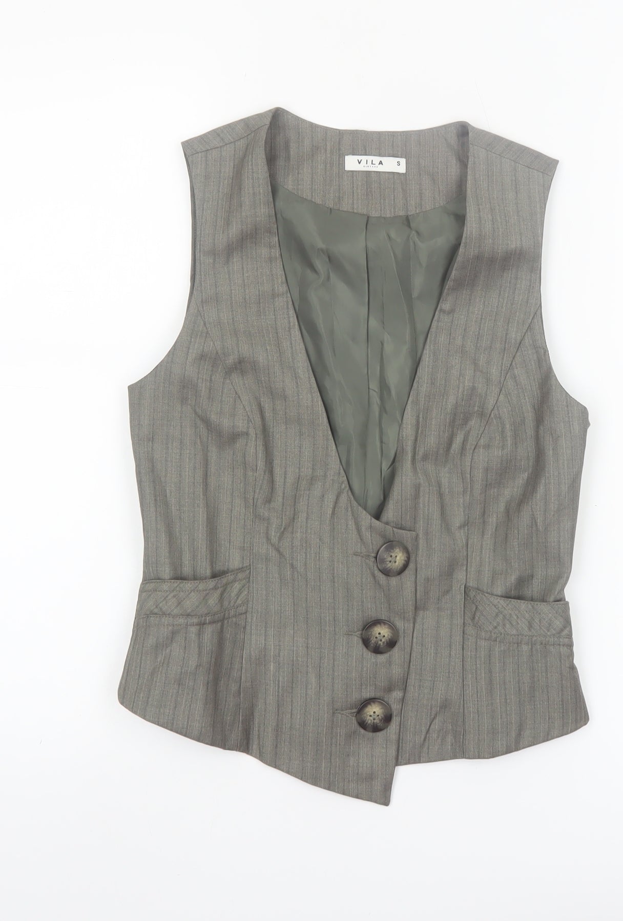 Vila Women’s Grey Pinstripe Waistcoat Size S Lined Belted