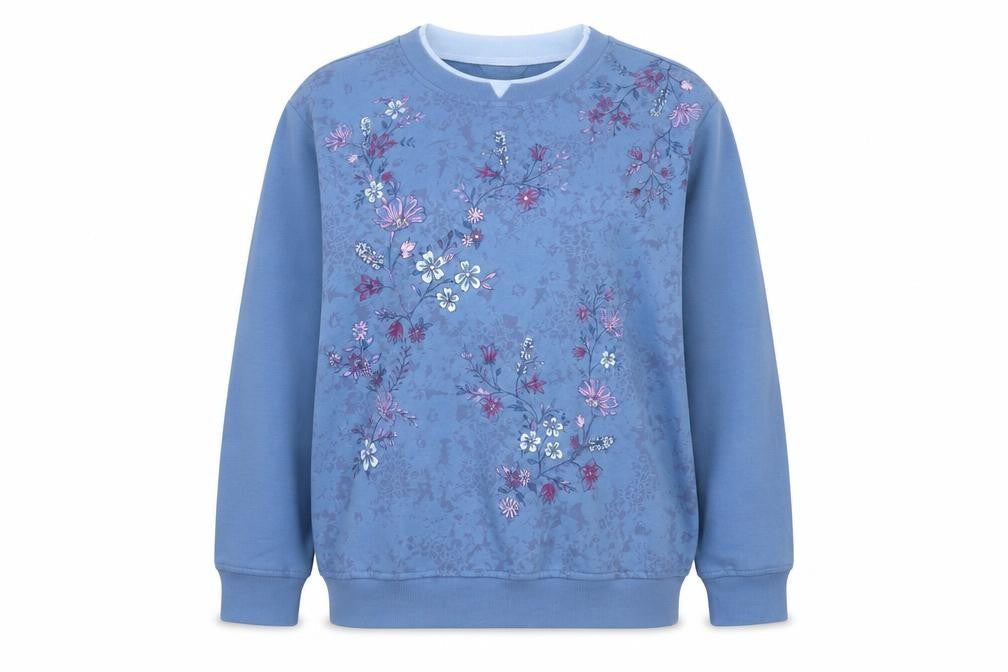 Northern Reflections Women’s Blue Petite L Floral Embroidered Pullover Sweatshirt