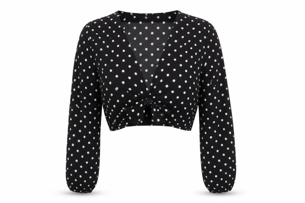 Motel Rocks Women's Black Polka Dot Cropped Blouse UK 12 Long Sleeve Tie Front