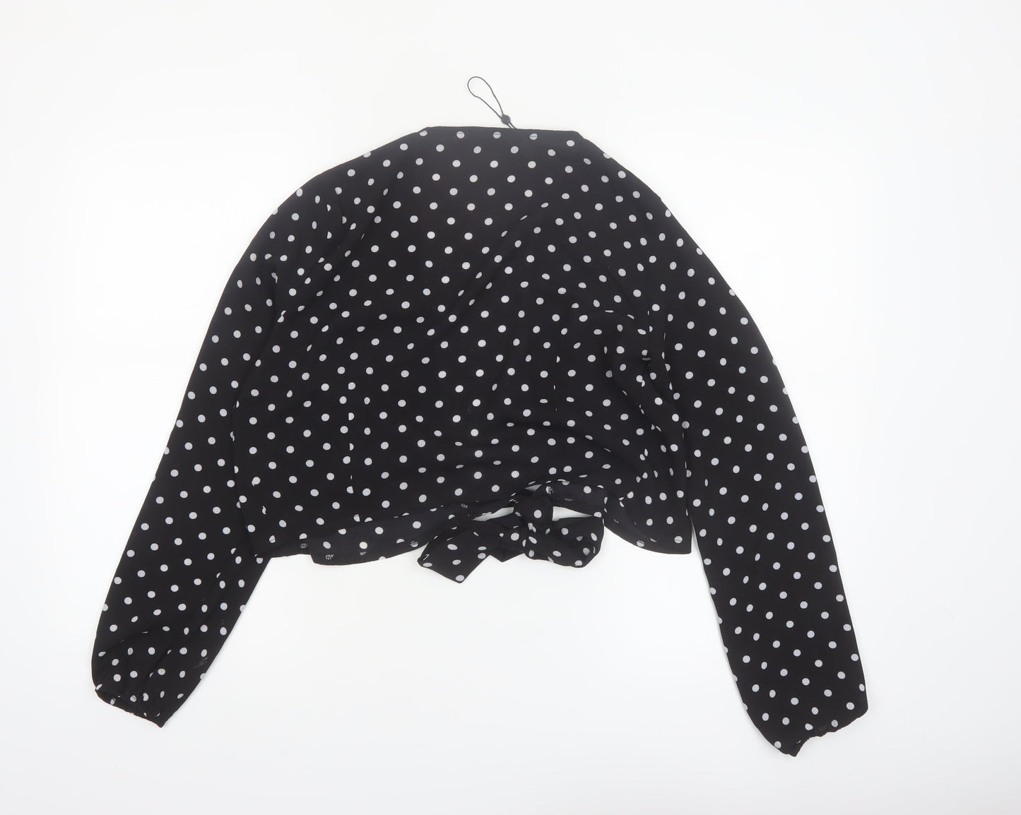 Motel Women's Black Polka Dot Cropped Blouse UK 12 Long Sleeve Tie Front