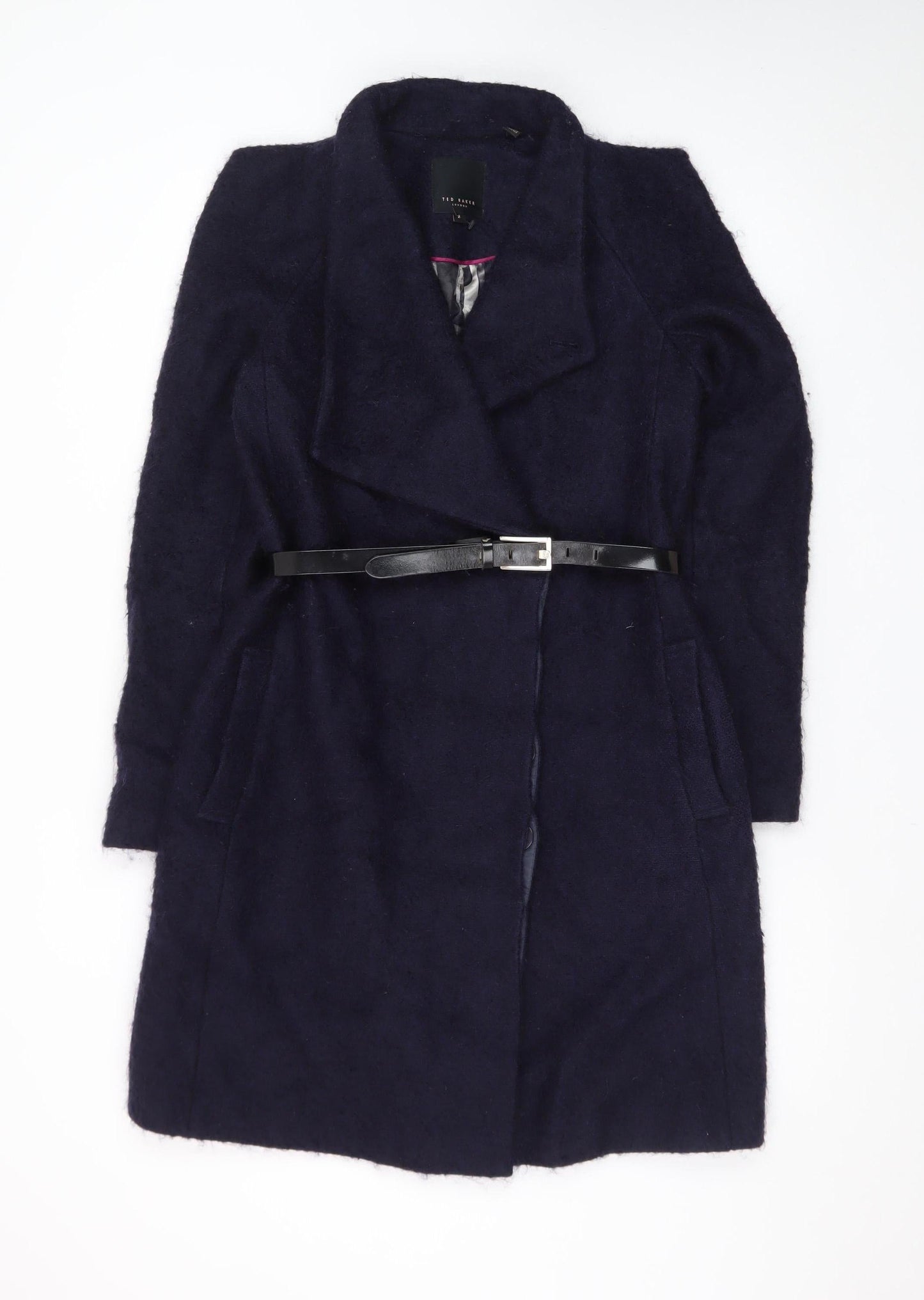 Ted Baker Women's Navy Wool Blend Belted Overcoat Size 10