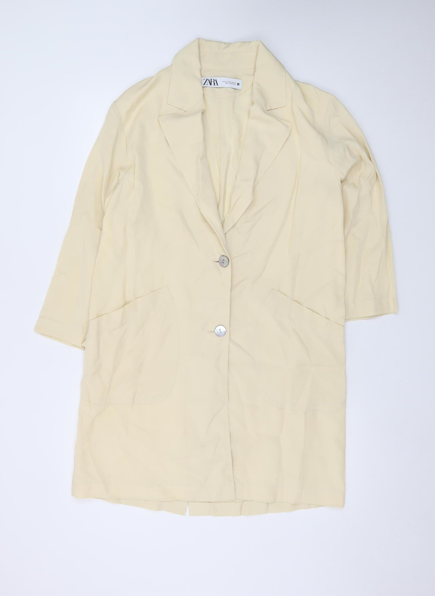 ZARA Women Beige Long Blazer XS Single Breasted Notch Lapel
