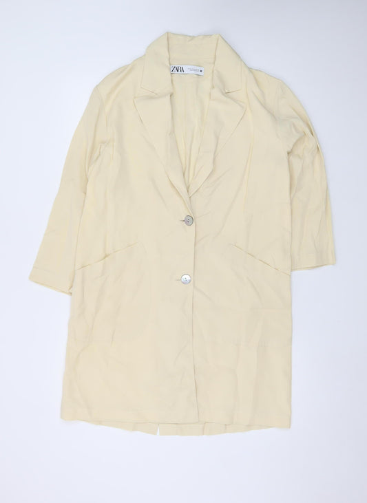 ZARA Women Beige Long Blazer XS Single Breasted Notch Lapel