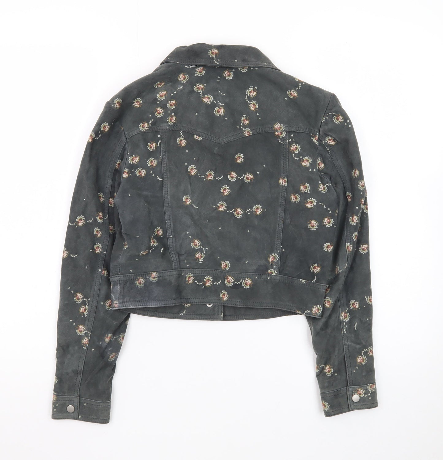 AllSaints Womens Grey Floral Lamb Leather Cropped Biker Jacket Size 6