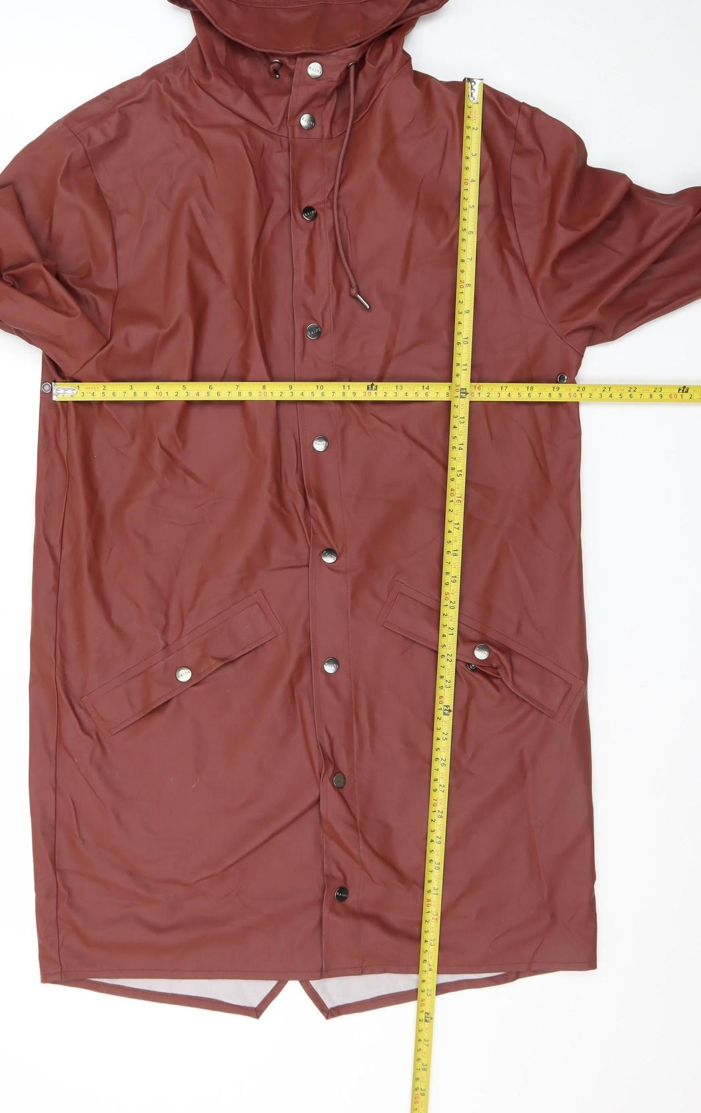 RAINS Women’s Brown Waterproof Long Rain Coat XS Hooded Lightweight