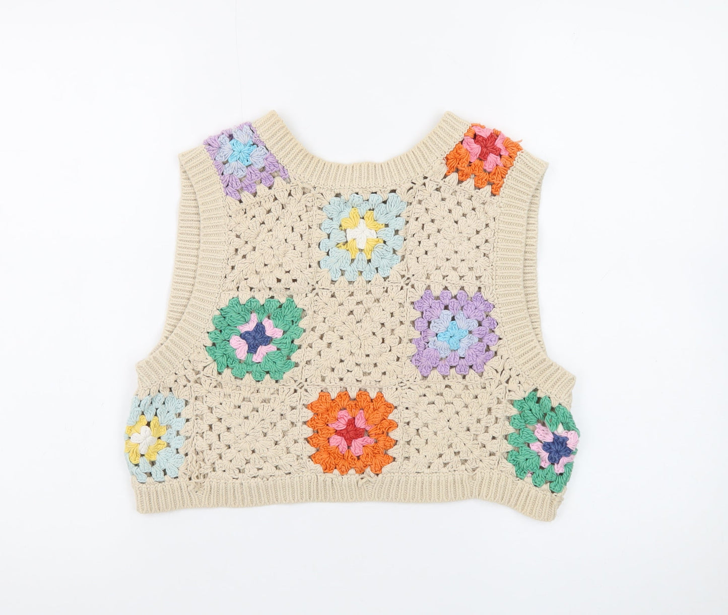 Stradivarius Women’s Beige Crochet Boho Vest Size 10 Sleeveless Top