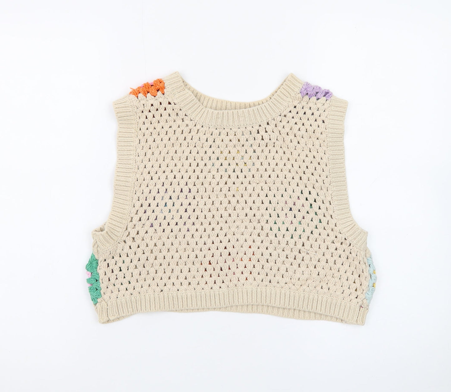 Stradivarius Women’s Beige Crochet Boho Vest Size 10 Sleeveless Top