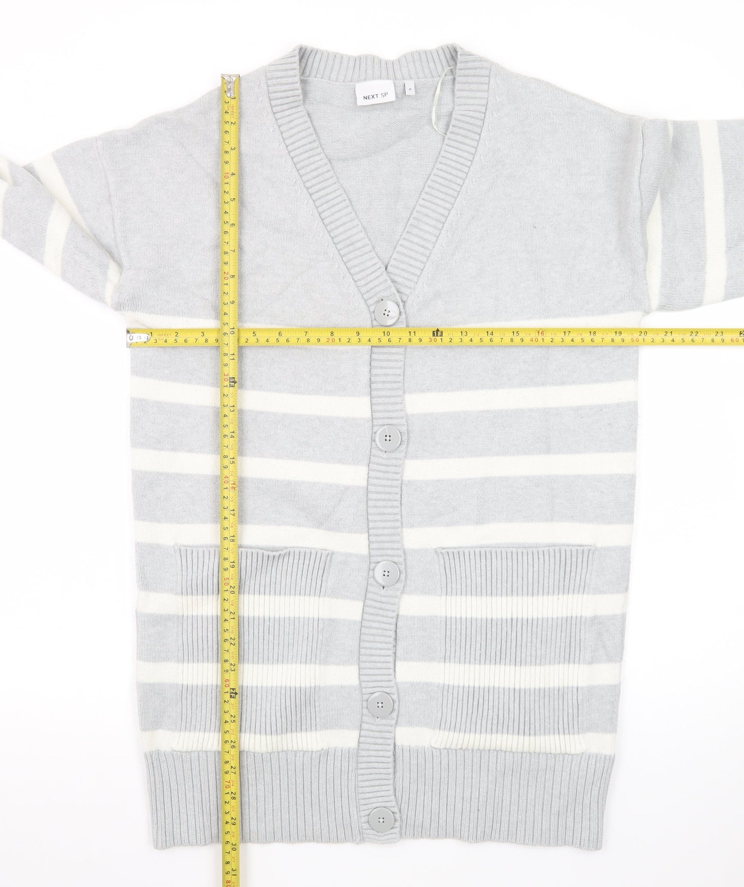 Next Women’s Grey Striped Cardigan Size M V-Neck Knit