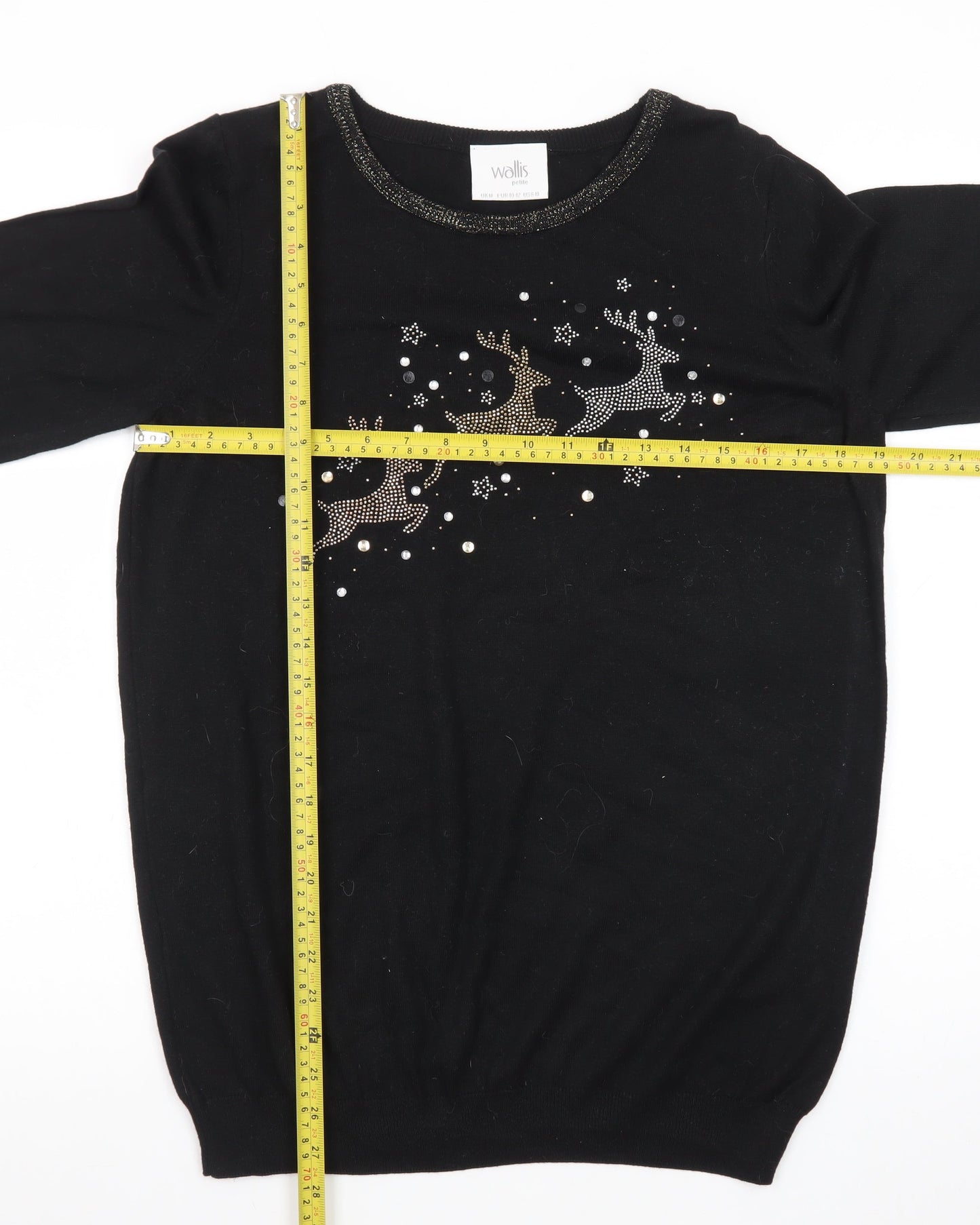 Wallis Women’s Black Petite Christmas Jumper M Rhinestone Reindeer