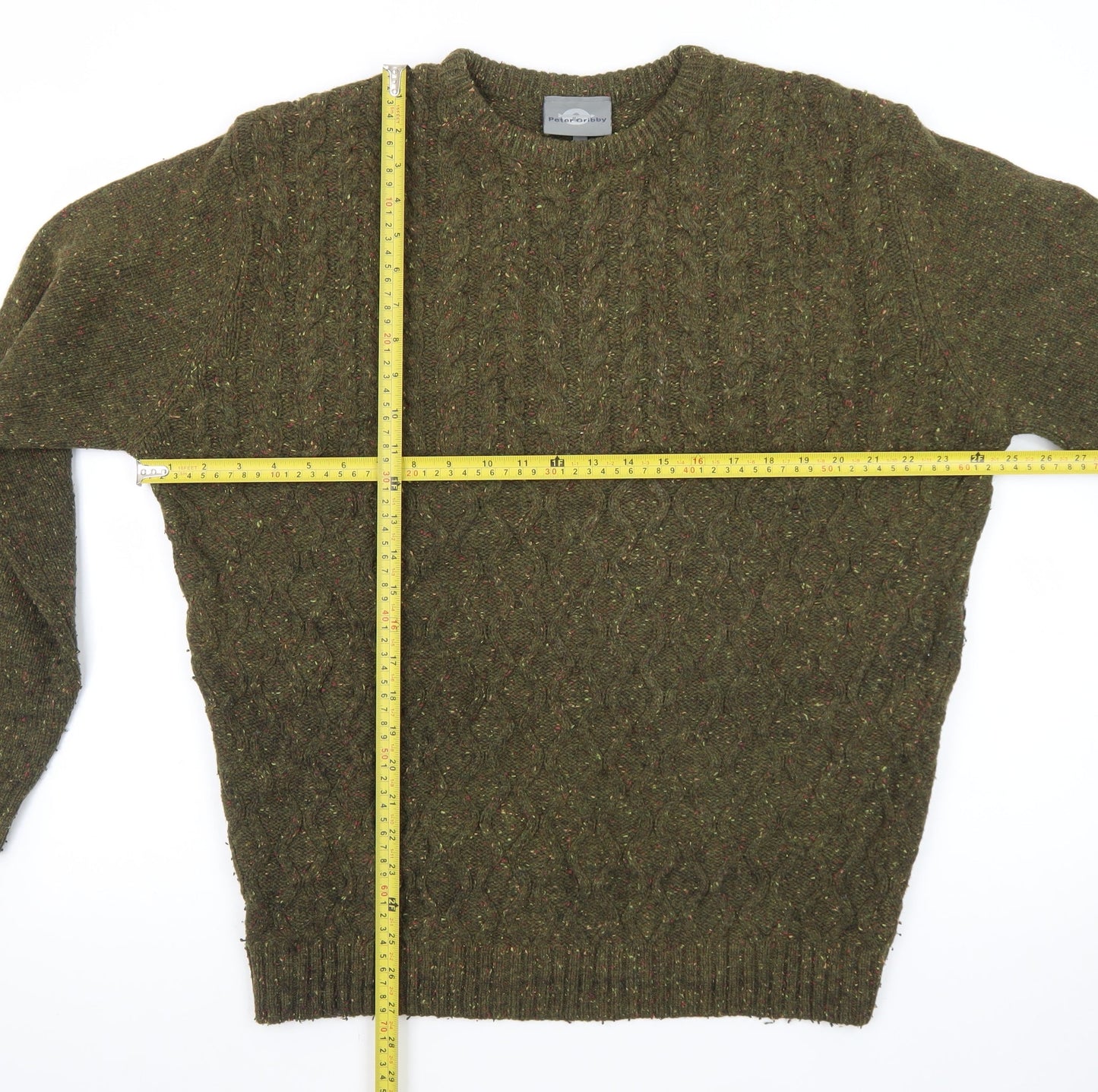 Peter Gribby Men’s Green Lambswool Cable Knit Crew Neck Jumper XL