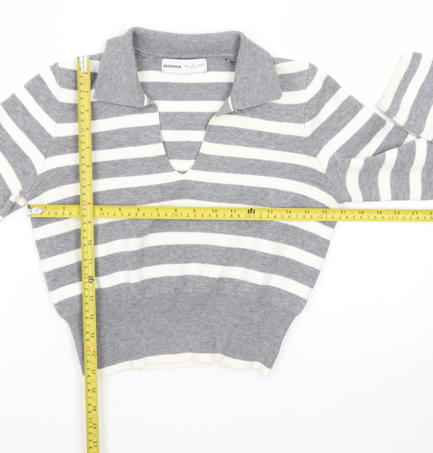 Bershka Women Grey Striped Collared Long Sleeve Pullover Jumper L