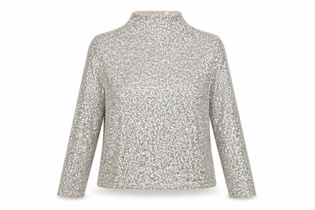 H&M Women Silver Sequin High Neck Long Sleeve Blouse Size 16