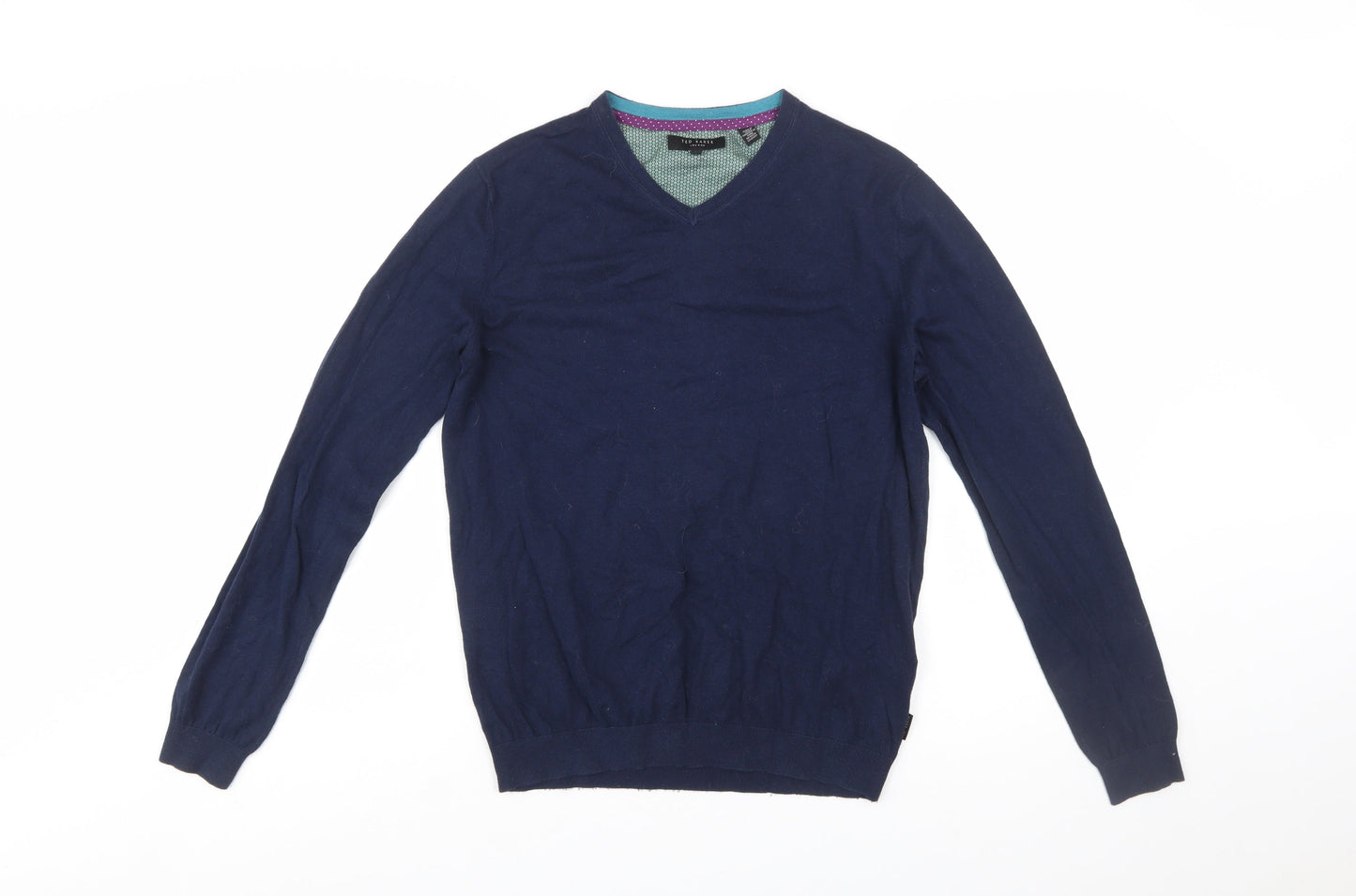 Ted Baker Men's Blue V-Neck Cotton Silk Blend Jumper M