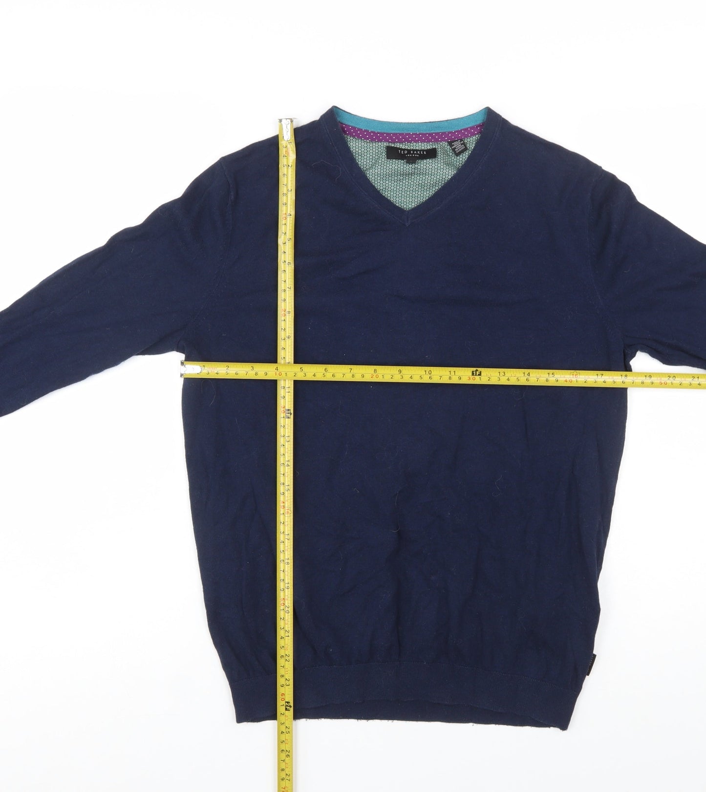 Ted Baker Men's Blue V-Neck Cotton Silk Blend Jumper M