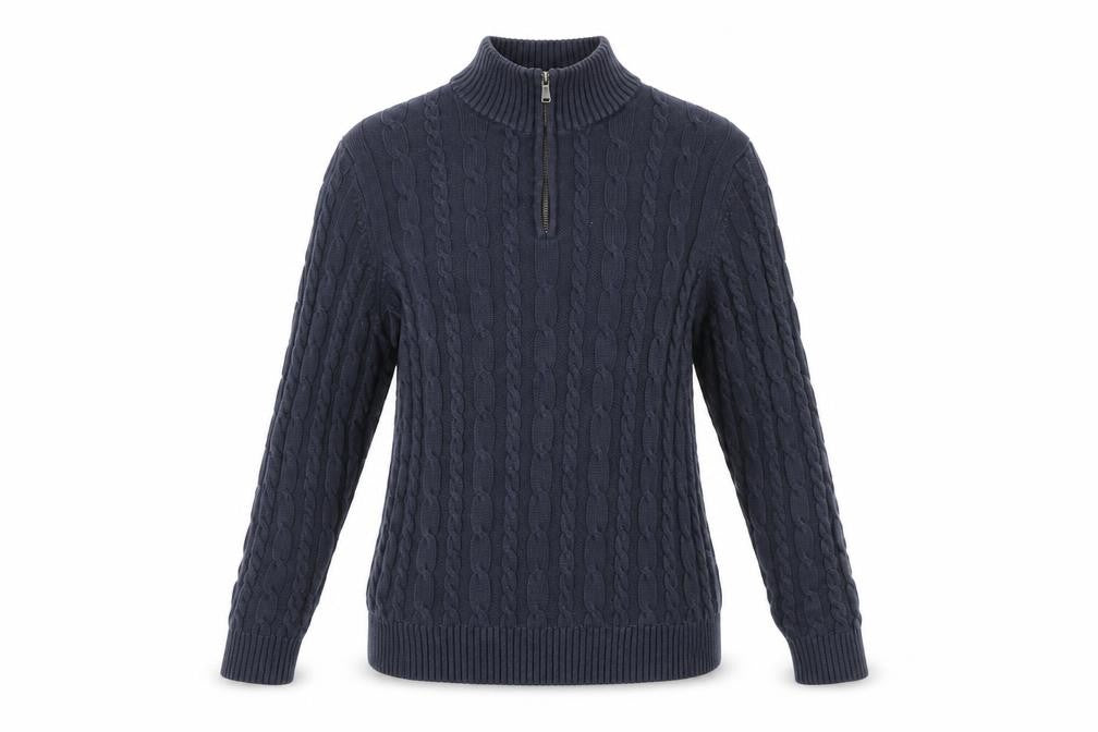 Lands' End Women's Blue Cotton Cable Knit Half Zip Jumper L