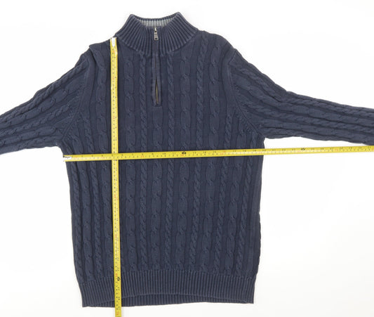 Lands' End Women's Blue Cotton Cable Knit Half Zip Jumper L
