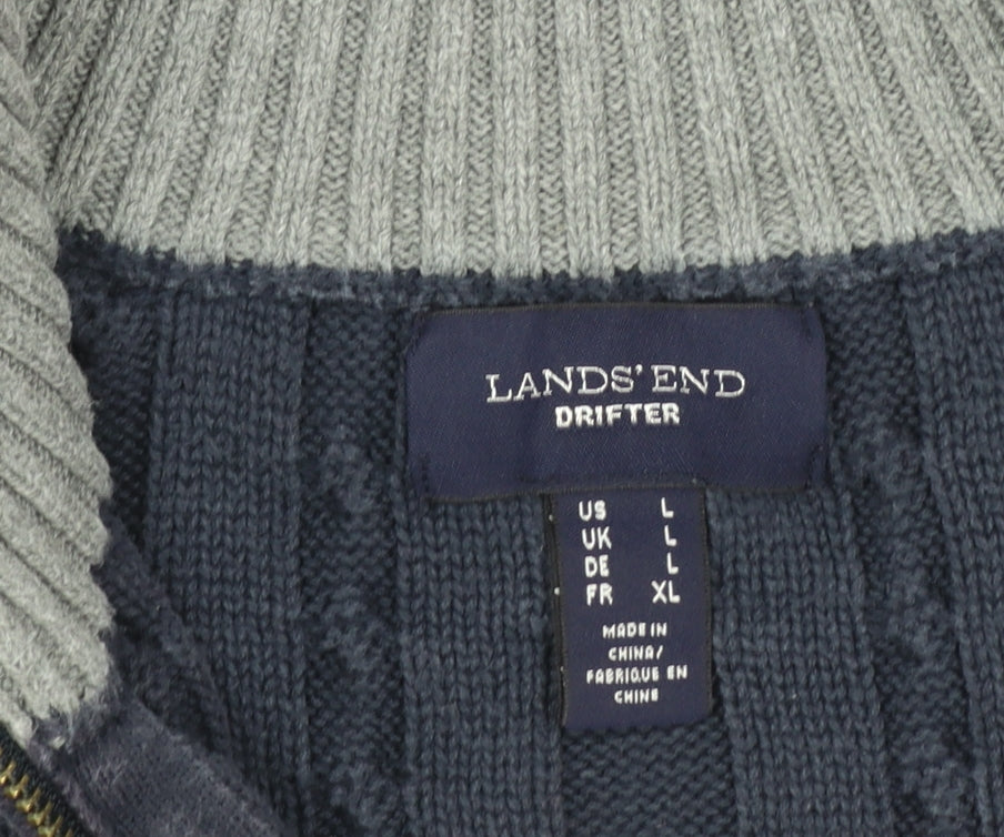 Lands' End Women's Blue Cotton Cable Knit Half Zip Jumper L
