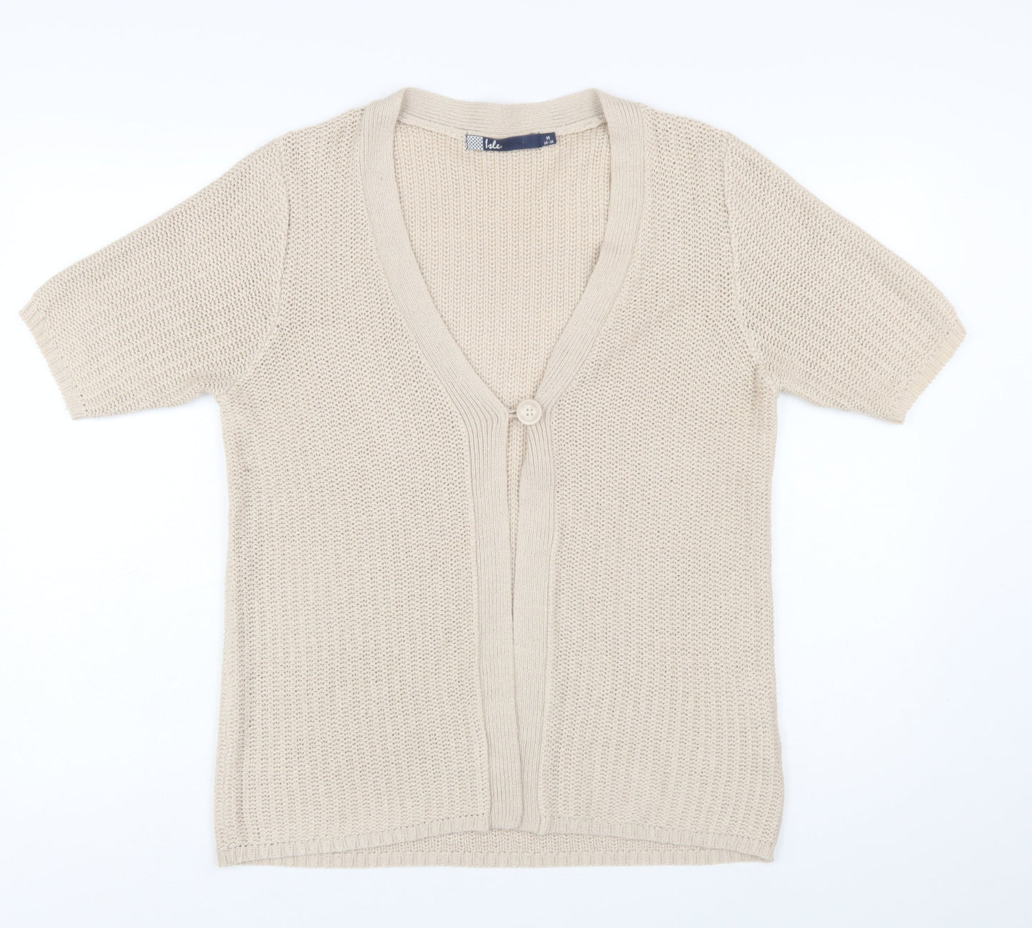 Isle Womens Beige Short Sleeve Knit Cardigan M 14-16 V-Neck Acrylic