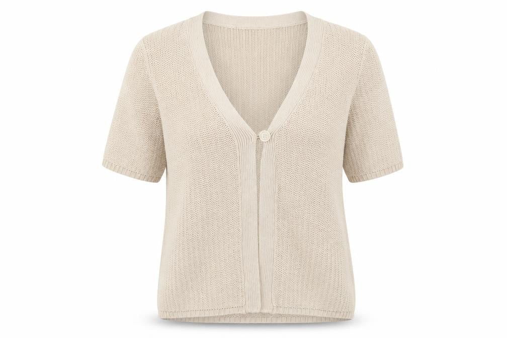 Isle Womens Beige Short Sleeve Knit Cardigan M 14-16 V-Neck Acrylic