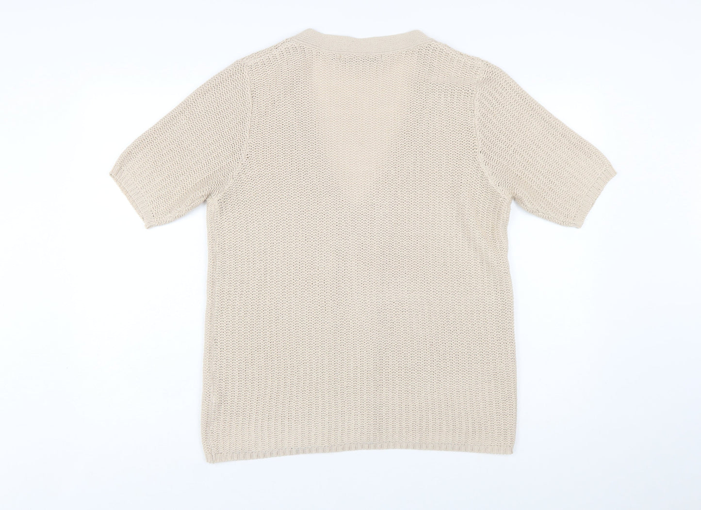 Isle Womens Beige Short Sleeve Knit Cardigan M 14-16 V-Neck Acrylic
