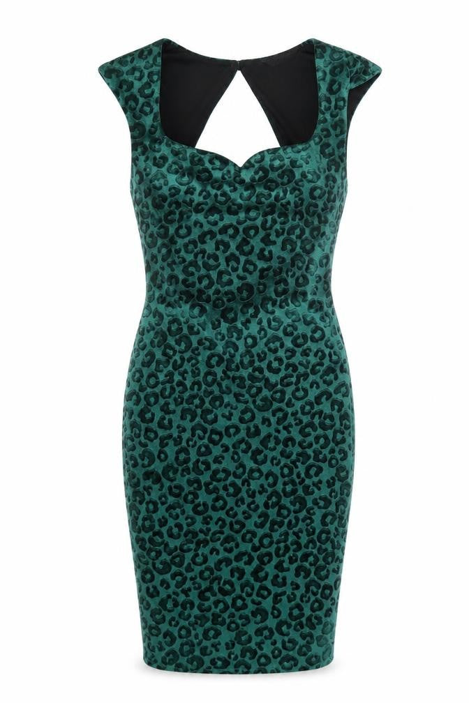 Front view of Miss Selfridge Women’s Green Leopard Velvet Bodycon Dress, size UK 6