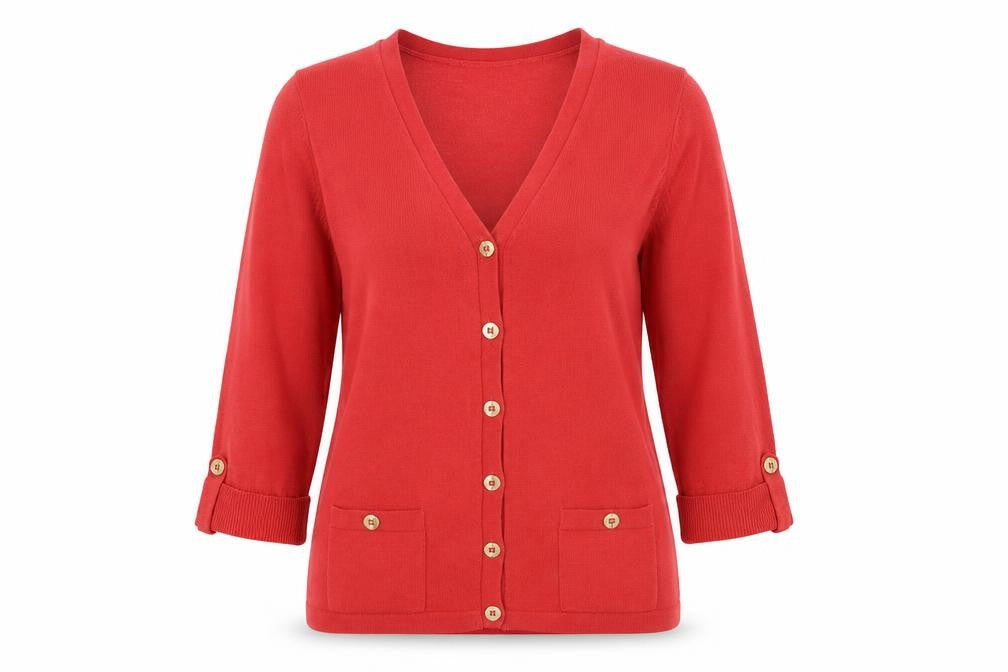 Marks & Spencer Women Red V-Neck 3/4 Sleeve Button Cardigan Size 10