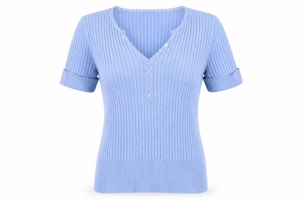 Marks & Spencer Women’s Blue Short Sleeve Henley Ribbed Knit Jumper Size 10