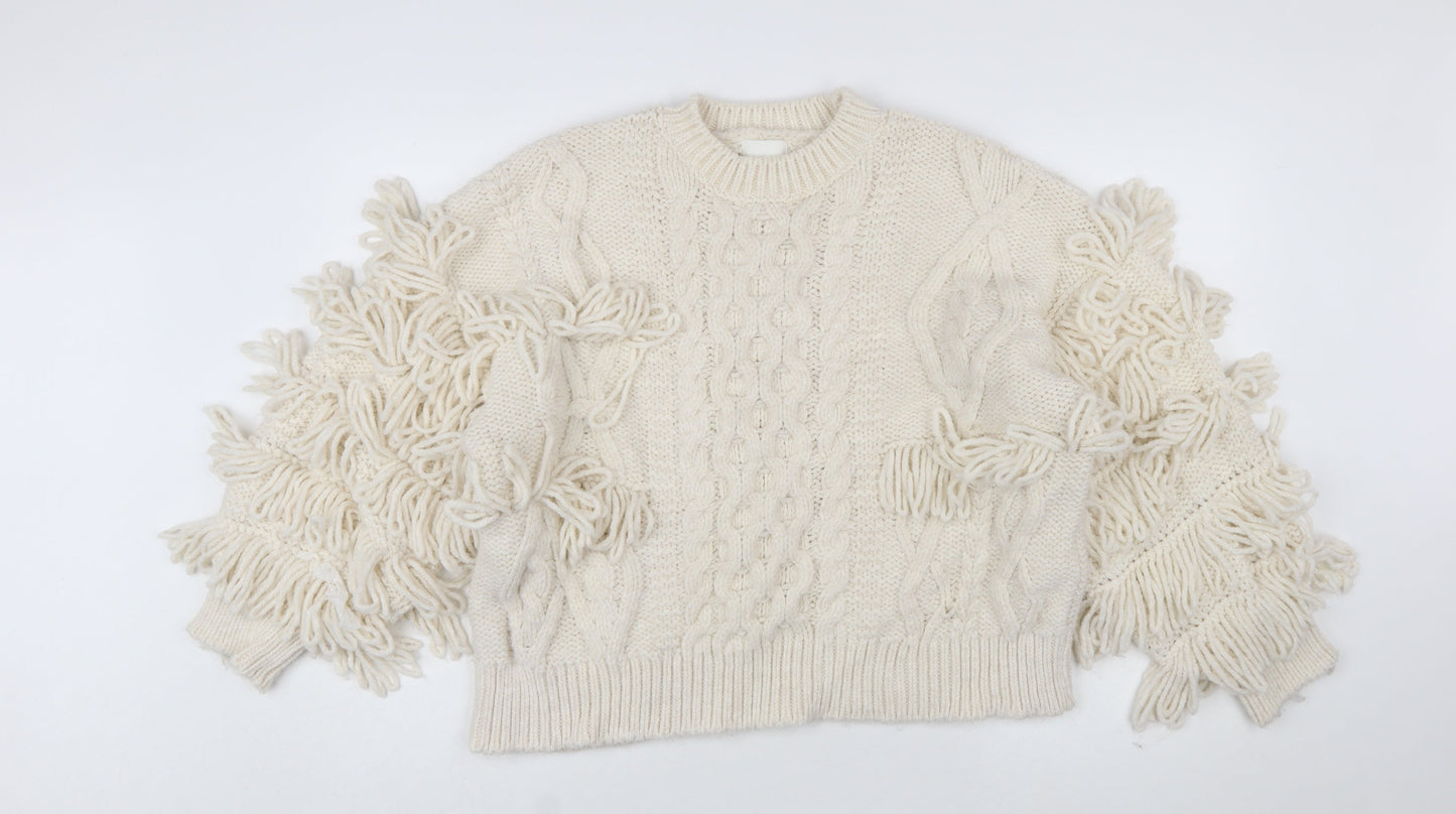 H&M Women’s Ivory Chunky-Knit Fringe Wool Blend Jumper Size 12