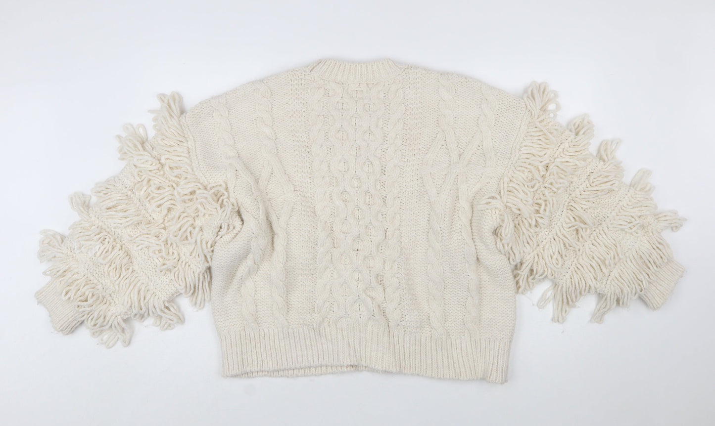 H&M Women’s Ivory Chunky-Knit Fringe Wool Blend Jumper Size 12