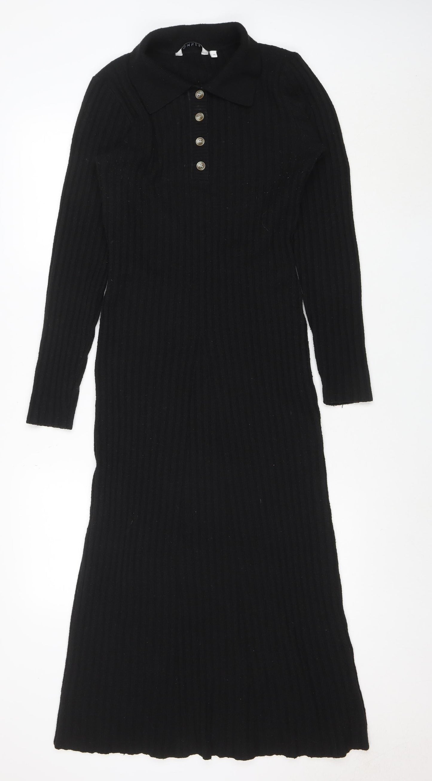 OMNES Women Black Collared Ribbed Bodycon Midi Knit Dress M