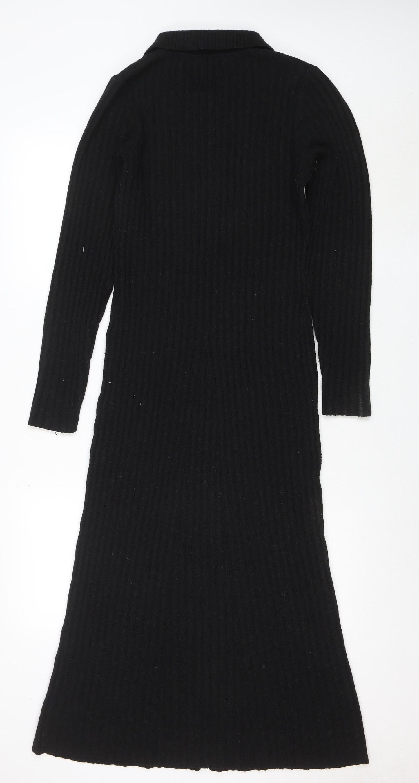OMNES Women Black Collared Ribbed Bodycon Midi Knit Dress M