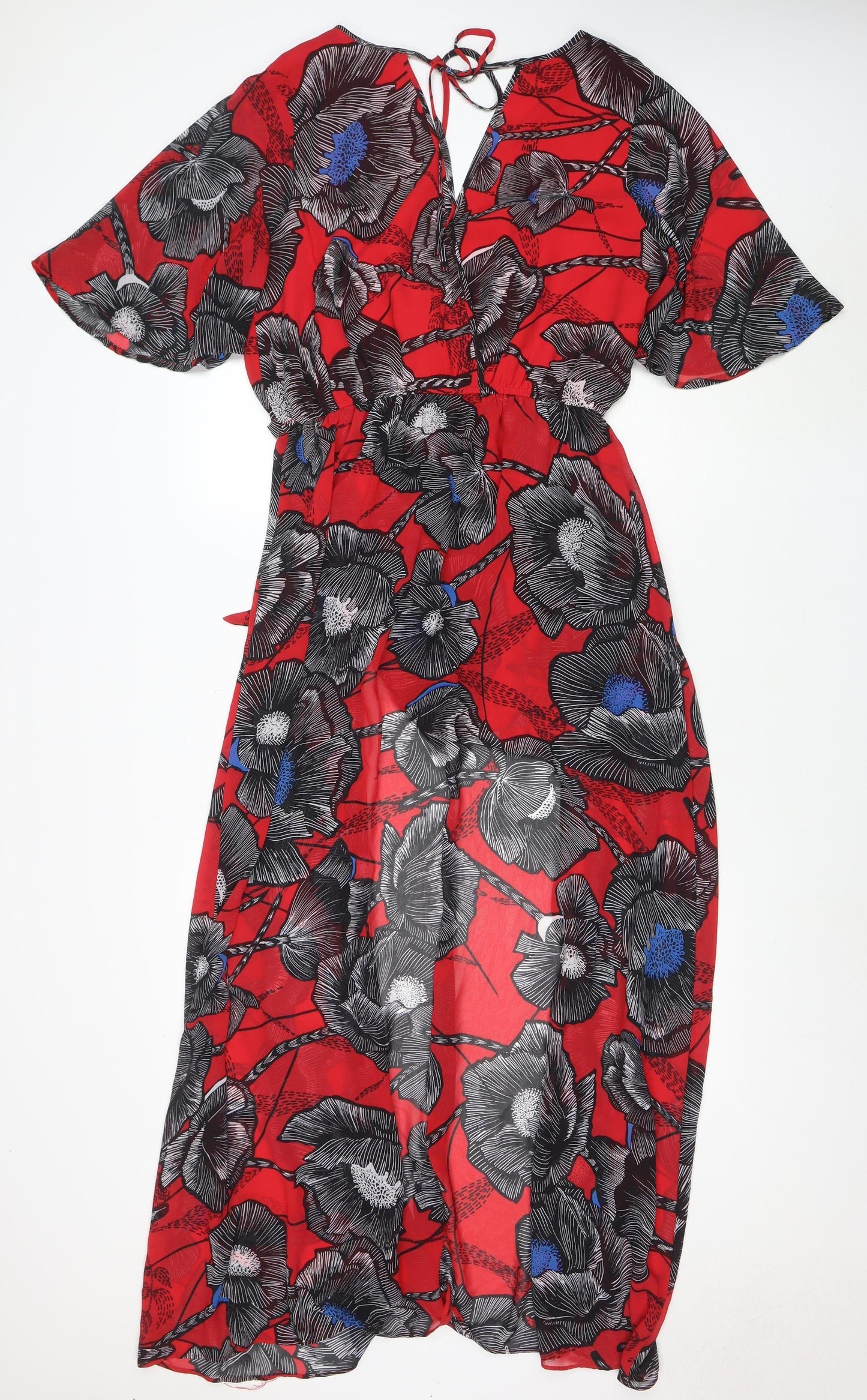 New Look Women Red Floral Jumpsuit Size 14 V-Neck Short Sleeve Lightweight