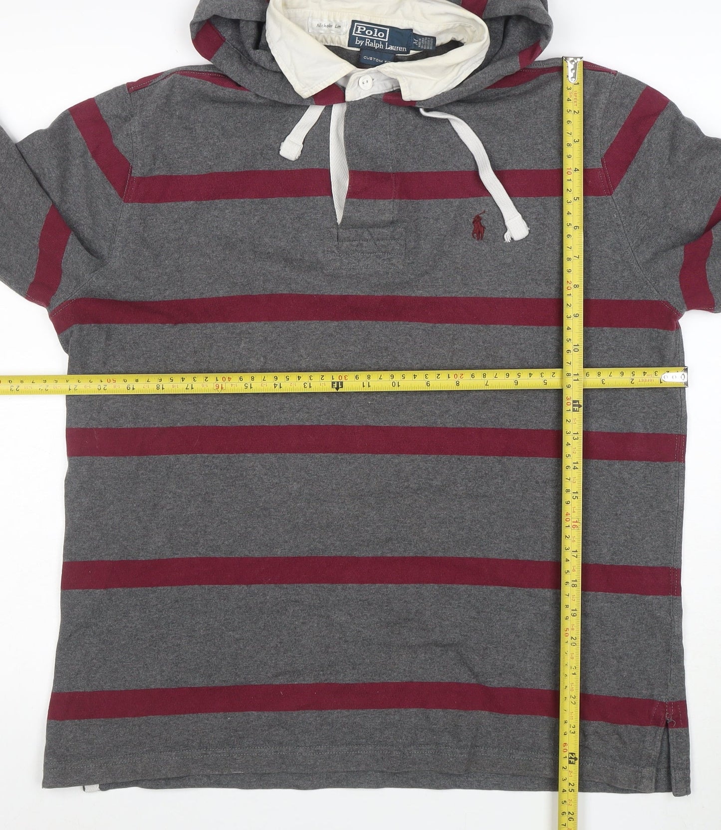 Ralph Lauren Men’s Grey Striped Henley Hoodie M Slim Fit Cotton