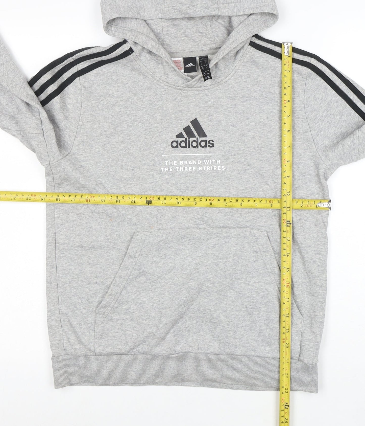 Adidas Boys Grey Hooded Pullover Hoodie 13-14 Years Cotton Blend
