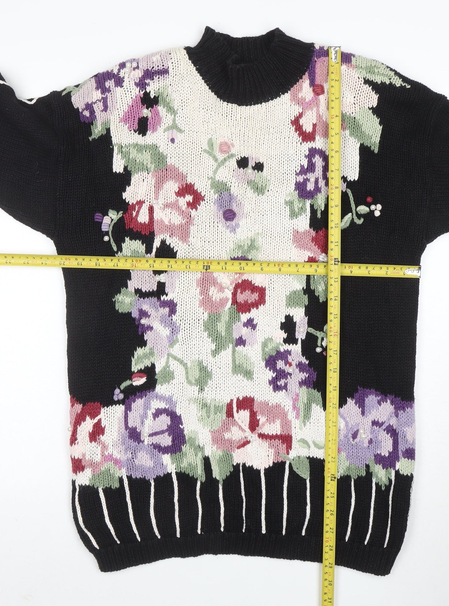 Boaz Womens Black Floral Mock Neck Chunky Knit Jumper Size M