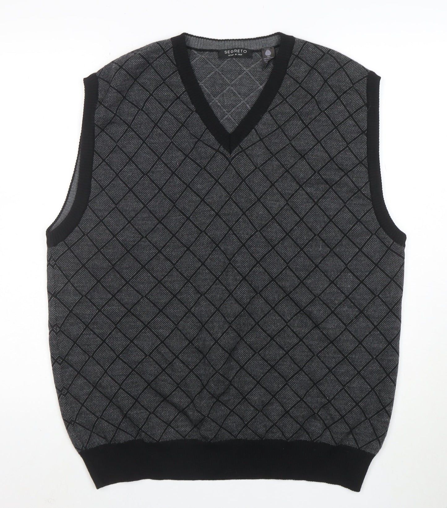 Segreto Men's Grey Argyle Merino Wool V-Neck Vest XL