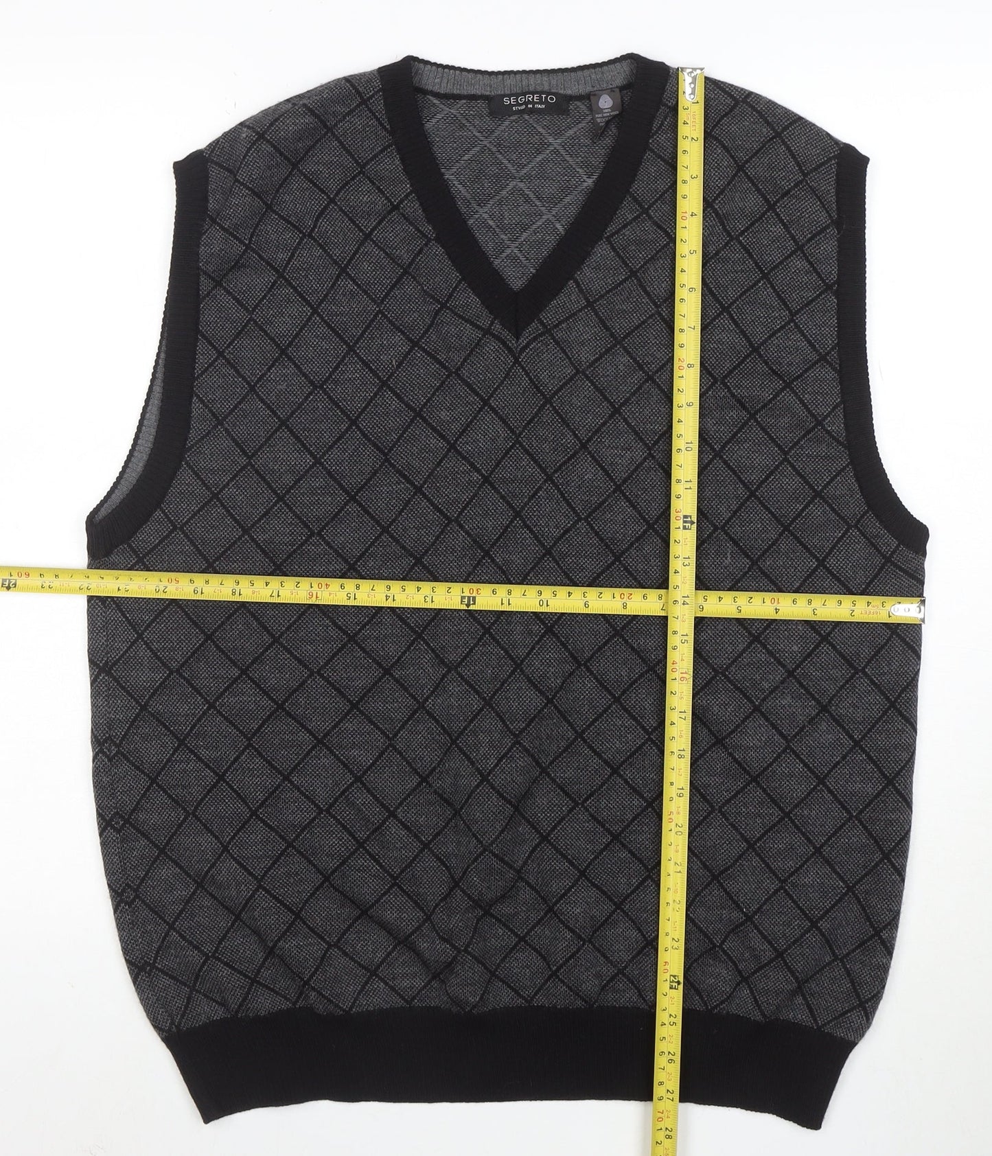 Segreto Men's Grey Argyle Merino Wool V-Neck Vest XL