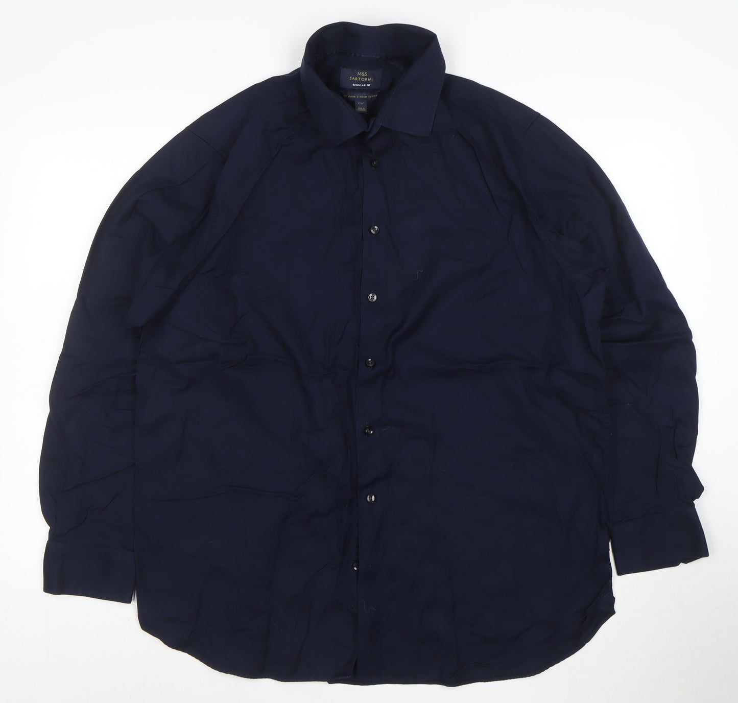 Marks and Spencer Mens Navy Regular Fit Cotton Button-Up Shirt Size 17 XL