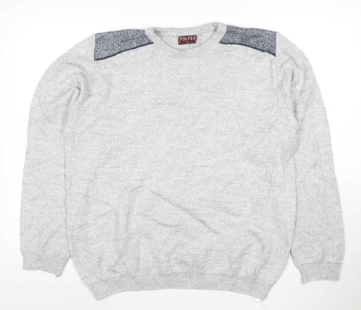 Back view of Poltex men’s grey crew neck knit jumper, size L