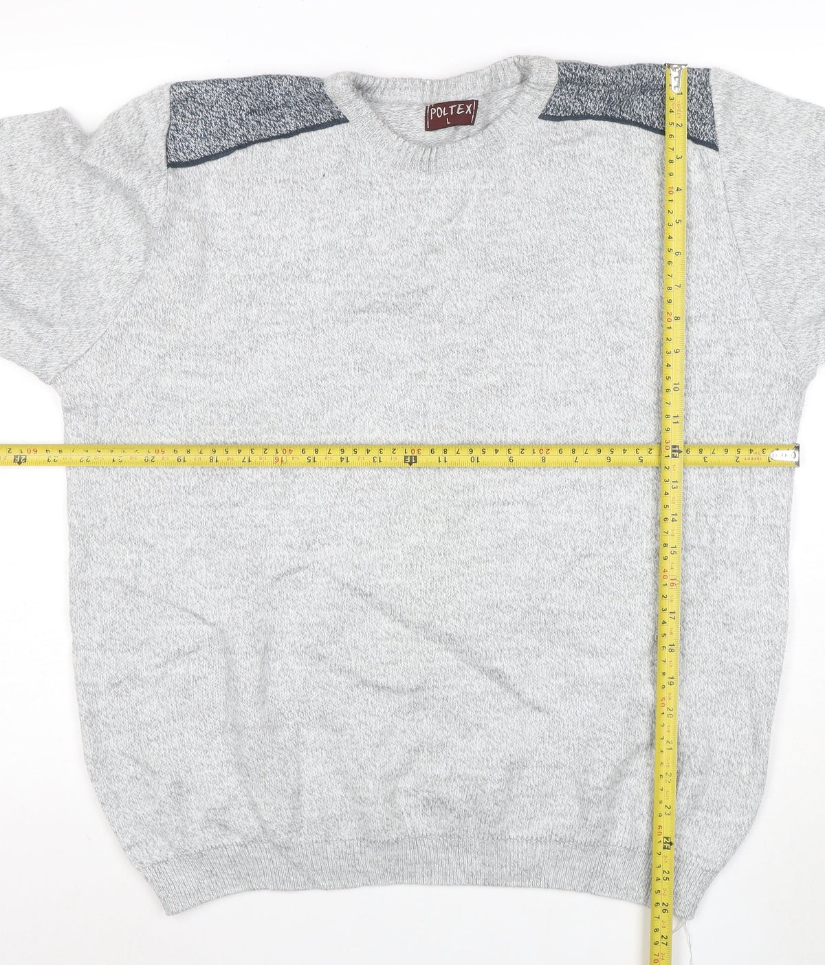 Brand and care label for Poltex men’s grey crew neck knit jumper, size L