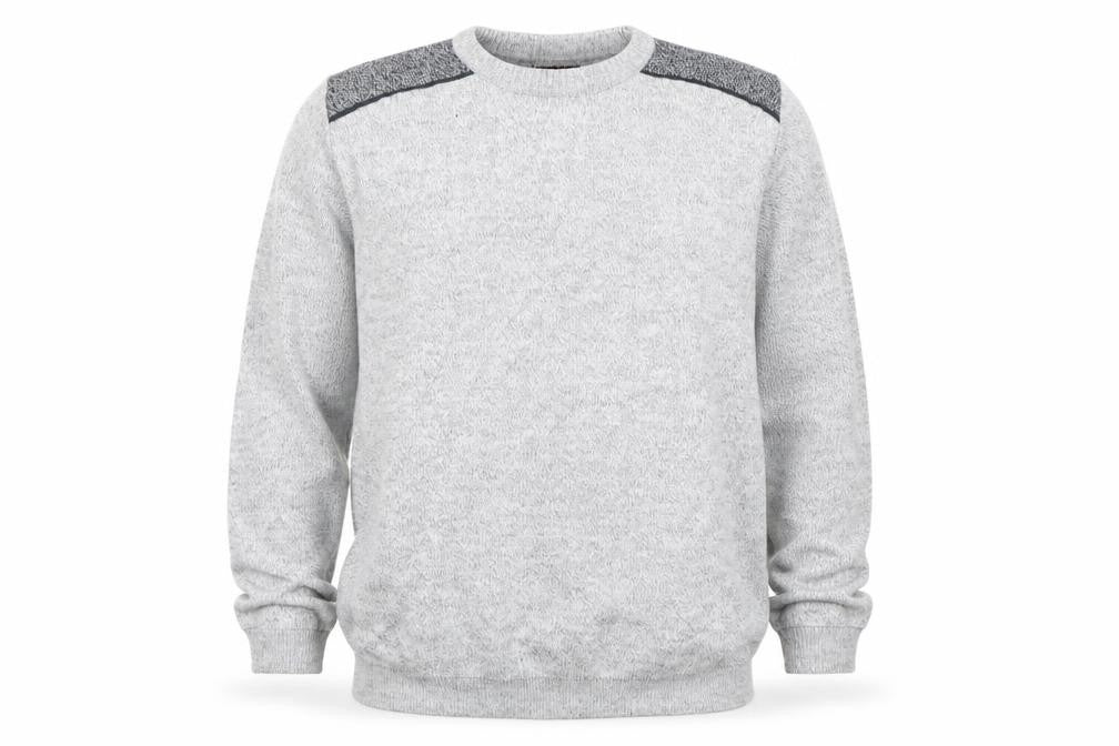 Front view of Poltex men’s grey crew neck knit jumper, size L