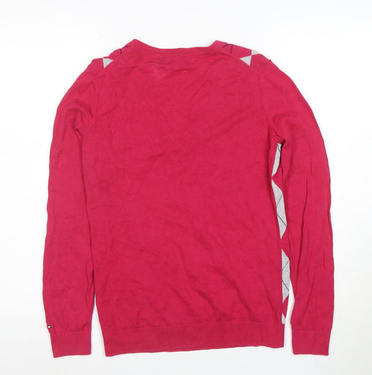 Tommy Hilfiger Womens Red Argyle V-Neck Jumper Size S 100% Cotton