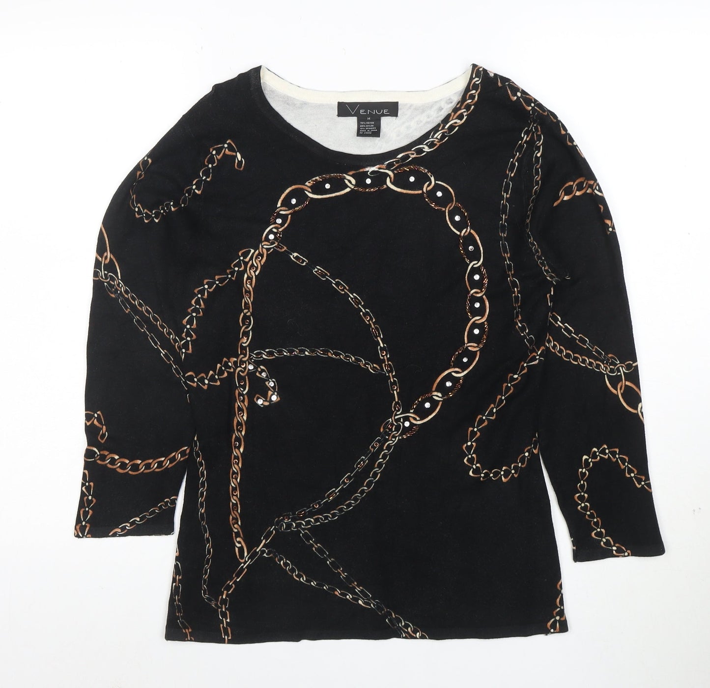 Venue Womens Black Chain Print 3/4 Sleeve Stretch Top M