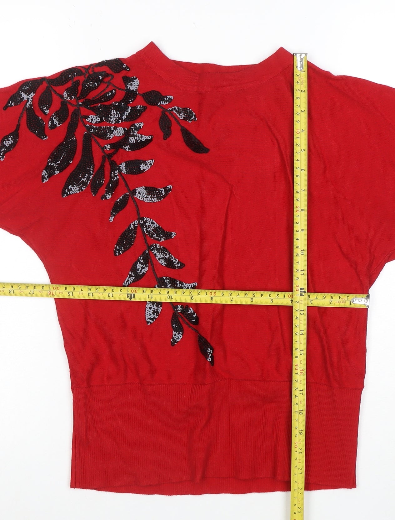 Roman Women’s Red Sequin Floral Tunic Knit Blouse Size 12