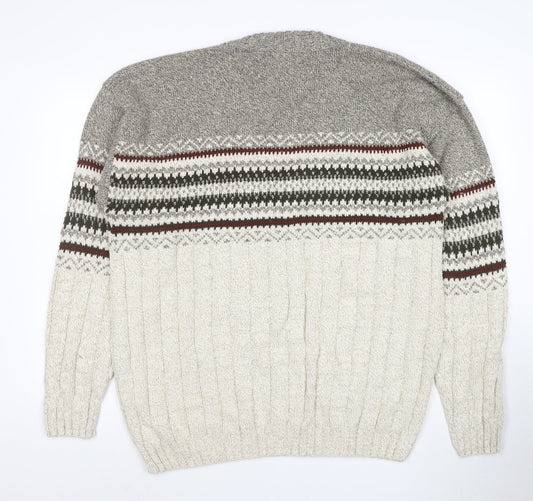 Liberty Men's Grey Fair Isle Cotton Knit Jumper Size L