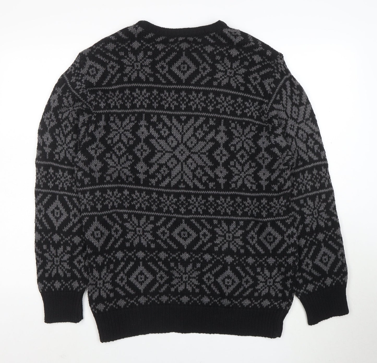 Roundtree & Yorke Men's Black Fair Isle Cotton Crew Neck Jumper Medium
